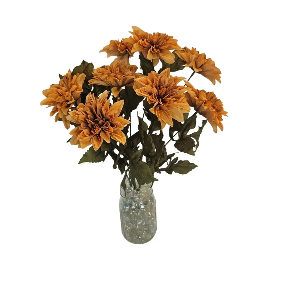 Artificial Tan Mum Flower Bushes Lot 2 15in Silk Chrysanthemum Fall Floral Decor
